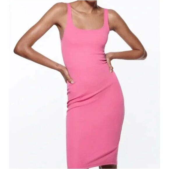 Zara Bodycon Midi Tank Dress Bubblegum Pink Size S - Picture 4 of 15